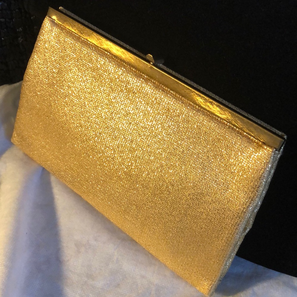 la france gold lame formal clutch with chain lined hand bag